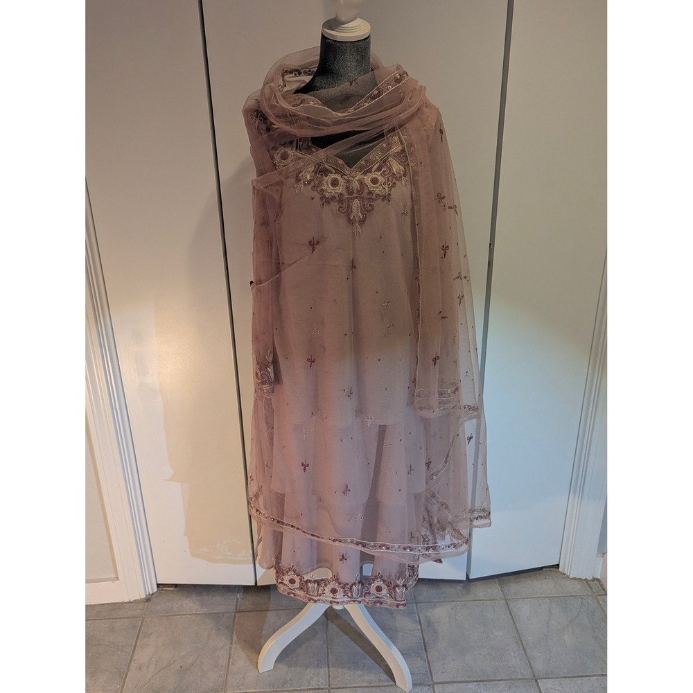 Embroidered Salwar Kameez Set with Dupatta Sheer Net Overlay & Petra Slip Dress